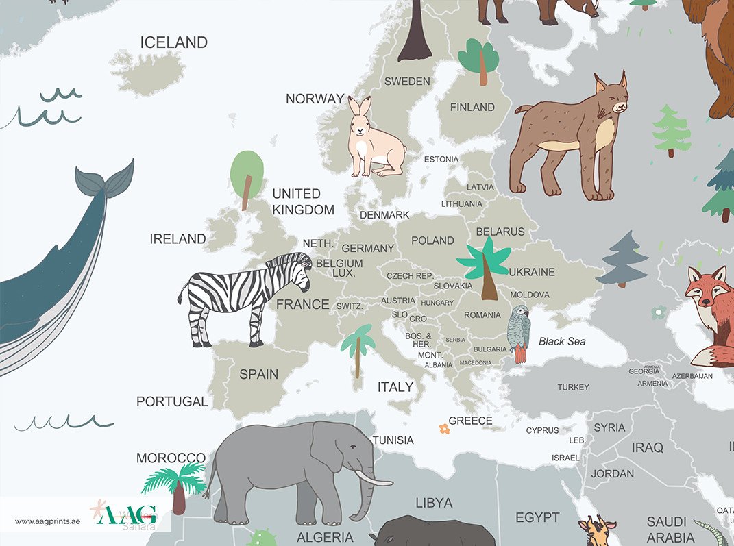 Wildlife World Map I - Kids Wallpaper Dubai